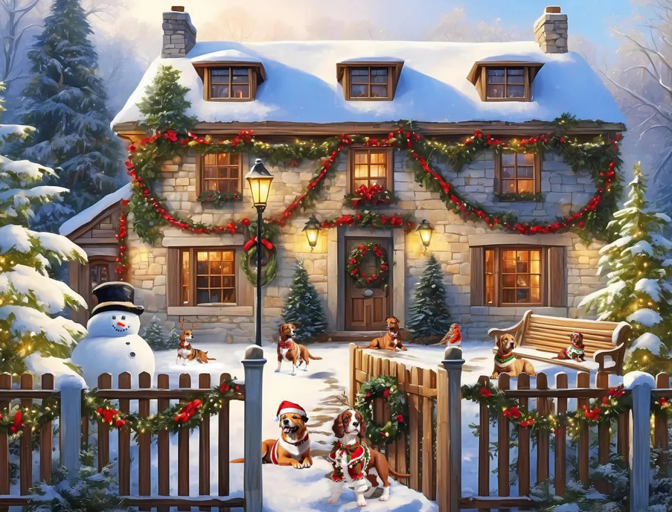 Dogs in a Christmas Cottage Garden 1000 Piece Jigsaw Puzzle
