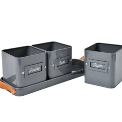 Set of 3 Herb Pots in a Leather Handled Tray - Grey
