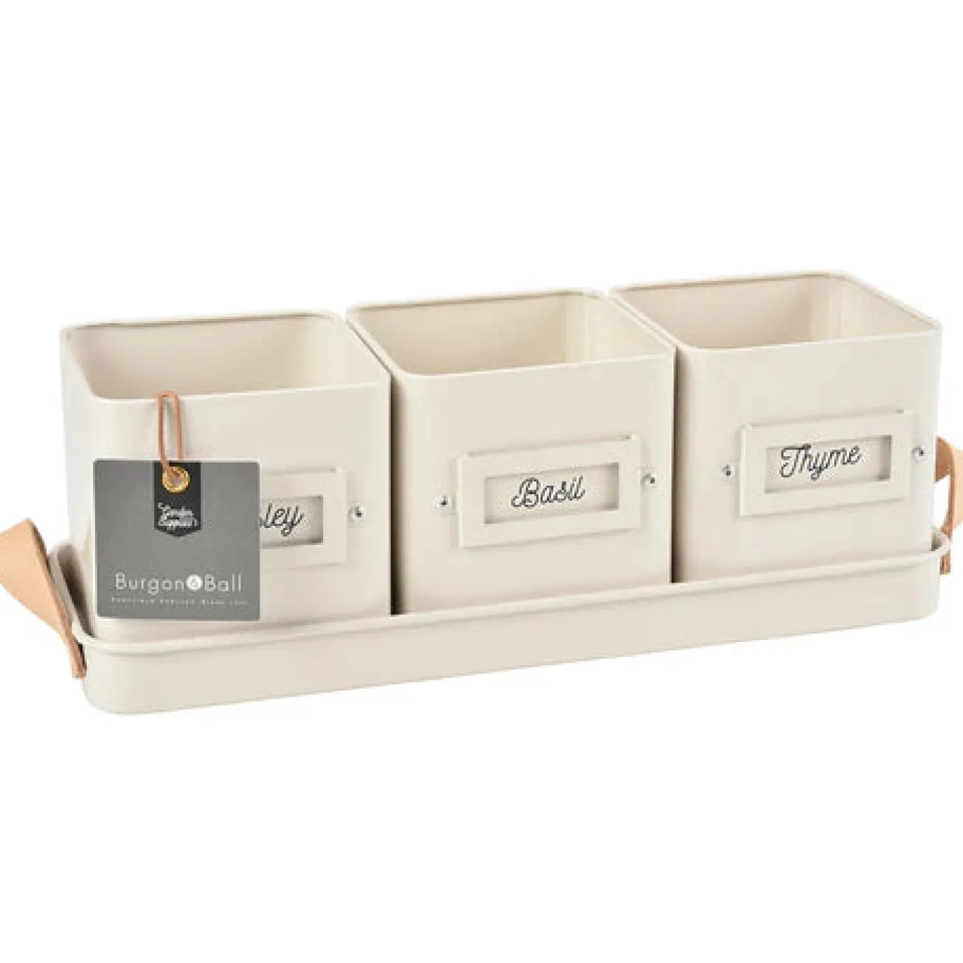 Set of 3 Herb Pots in a Leather Handled Tray - Stone