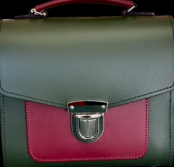 Zatchels Handmade Leather Sugarcube Plus Handbag - Ivy Green with Oxblood Contrast